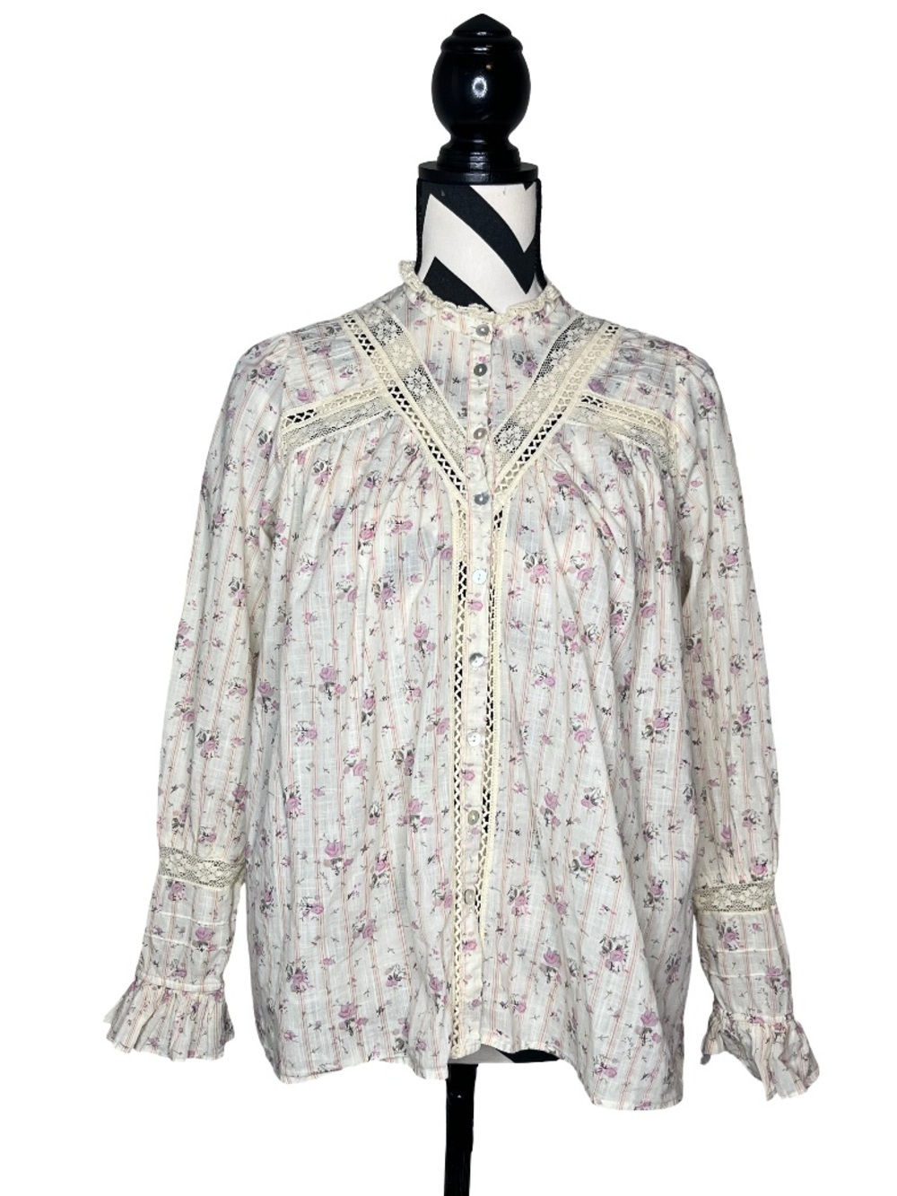 ba&sh Haby Ruffled Romantic Cotton Floral Lace-Trime Button Front Blouse Sz 0